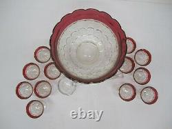 Indiana Lexington Thumbprint Flash Cranberry Punch Bowl 12 Cups Ladle Scalloped