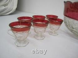 Indiana Lexington Thumbprint Flash Cranberry Punch Bowl 12 Cups Ladle Scalloped