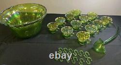 Indiana Princess Lime Green Carnival Glass 26 pc Punch Set Bowl Cups Hooks Ladle