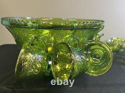 Indiana Princess Lime Green Carnival Glass 26 pc Punch Set Bowl Cups Hooks Ladle