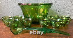 Indiana Princess Lime Green Carnival Glass 26 pc Punch Set Bowl Cups Hooks Ladle