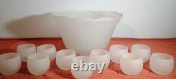 Indiana Princess White Frosted Glass Punch Bowl Set 11 Roly Poly Cups