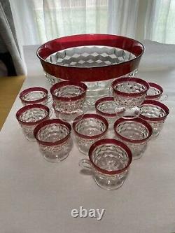 Indiana Whitehall Cranberry Red Gold Flash Punch Bowl & 12 Footed Cups