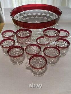 Indiana Whitehall Cranberry Red Gold Flash Punch Bowl & 12 Footed Cups