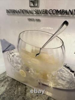 International Silver Co Vtg 25C OPTIC Glass Punch Bowl with8 cups, Platter& ladle
