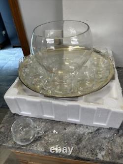 International Silver Co Vtg 25C OPTIC Glass Punch Bowl with8 cups, Platter& ladle