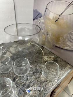 International Silver Co Vtg 25C OPTIC Glass Punch Bowl with8 cups, Platter& ladle