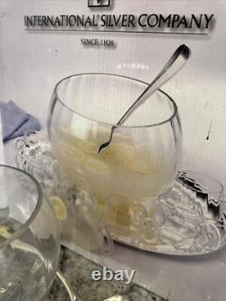 International Silver Co Vtg 25C OPTIC Glass Punch Bowl with8 cups, Platter& ladle