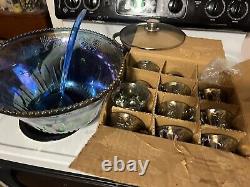 Iridescent Blue Carnival Glass 26 piece Princess Punch Bowl Set (New in Box)