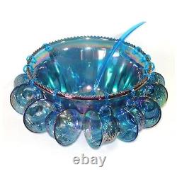 Iridescent Blue Carnival Glass Princess Punch Bowl Complete Original Box 7446