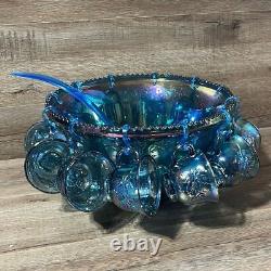 Iridescent Blue Carnival Glass Princess Punch Bowl Complete Original Box 7446
