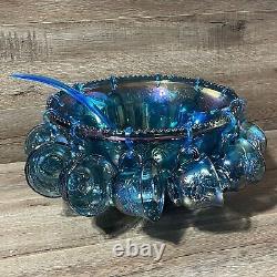 Iridescent Blue Carnival Glass Princess Punch Bowl Complete Original Box 7446