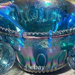 Iridescent Blue Carnival Glass Princess Punch Bowl Complete Original Box 7446