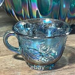 Iridescent Blue Carnival Glass Princess Punch Bowl Complete Original Box 7446