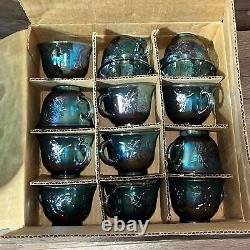 Iridescent Blue Carnival Glass Princess Punch Bowl Complete Original Box 7446