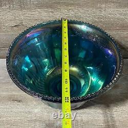 Iridescent Blue Carnival Glass Princess Punch Bowl Complete Original Box 7446