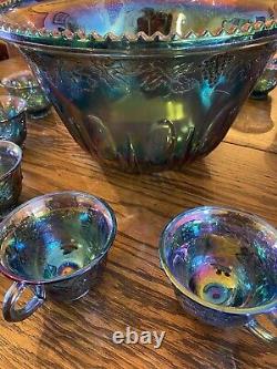 Iridescent Blue Carnival Glass Punch Bowl 24 pc. Set Indiana Glass Grape Leaf