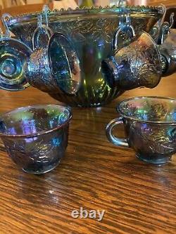 Iridescent Blue Carnival Glass Punch Bowl 24 pc. Set Indiana Glass Grape Leaf