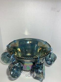 Iridescent Blue Carnival Glass Punch Bowl Princess Set with 12 Cups & 7 Hooks