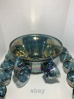 Iridescent Blue Carnival Glass Punch Bowl Princess Set with 12 Cups & 7 Hooks