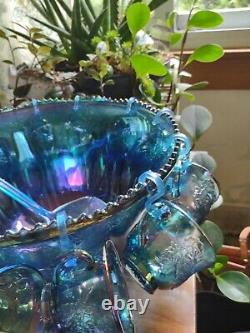 Iridescent Carnival Glass Princess Punch Bowl Set with 12 Cups and Hooks