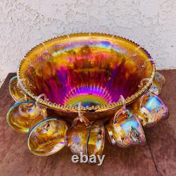 Iridescent Carnival Glass Punch Bowl Set with 12 Cups Mid Century Serveware