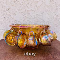 Iridescent Carnival Glass Punch Bowl Set with 12 Cups Mid Century Serveware