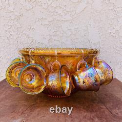 Iridescent Carnival Glass Punch Bowl Set with 12 Cups Mid Century Serveware