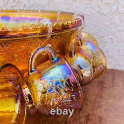 Iridescent Carnival Glass Punch Bowl Set with 12 Cups Mid Century Serveware