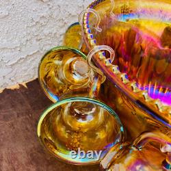 Iridescent Carnival Glass Punch Bowl Set with 12 Cups Mid Century Serveware