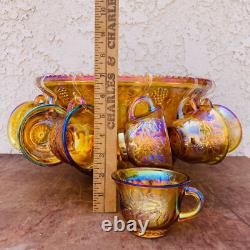 Iridescent Carnival Glass Punch Bowl Set with 12 Cups Mid Century Serveware