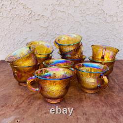 Iridescent Carnival Glass Punch Bowl Set with 12 Cups Mid Century Serveware