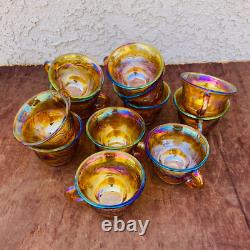 Iridescent Carnival Glass Punch Bowl Set with 12 Cups Mid Century Serveware