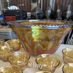 Iridescent Gold Carnival Glass Punch Bowl Set with (22) Cups Grape & Vine Pattern