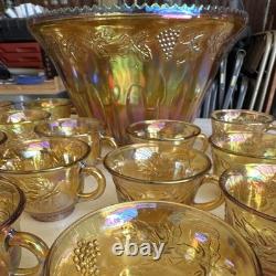 Iridescent Gold Carnival Glass Punch Bowl Set with (22) Cups Grape & Vine Pattern
