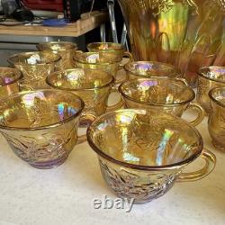 Iridescent Gold Carnival Glass Punch Bowl Set with (22) Cups Grape & Vine Pattern
