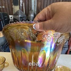 Iridescent Gold Carnival Glass Punch Bowl Set with (22) Cups Grape & Vine Pattern