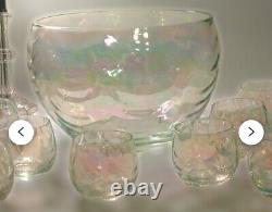 Iridescent Luster Punch Bowl & 12 Cups Mermaid Scales West Virginia Glass Rare