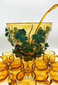 Italian Blown Glass Punch Bowl Set Honey Amber Tole Metal Grape Vine Stand