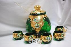 Italian Murano Green Glass Punch Bowl Set (bowl, Ladle & 5-cups) (#m4433)