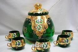 Italian Murano Green Glass Punch Bowl Set (bowl, Ladle & 5-cups) (#m4433)