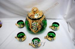 Italian Murano Green Glass Punch Bowl Set (bowl, Ladle & 5-cups) (#m4433)