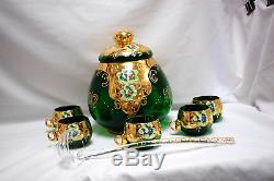 Italian Murano Green Glass Punch Bowl Set (bowl, Ladle & 5-cups) (#m4433)