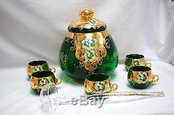 Italian Murano Green Glass Punch Bowl Set (bowl, Ladle & 5-cups) (#m4433)