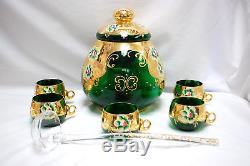 Italian Murano Green Glass Punch Bowl Set (bowl, Ladle & 5-cups) (#m4433)