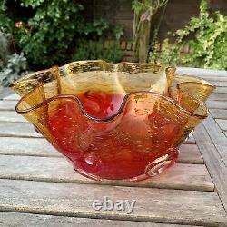 Italian Murano Sommerso Art Glass Curl Fruteria Punch Bowl Red Amber Bubble 1960