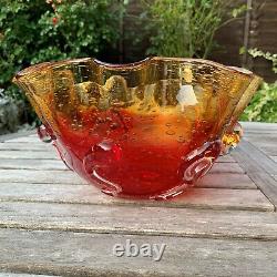 Italian Murano Sommerso Art Glass Curl Fruteria Punch Bowl Red Amber Bubble 1960