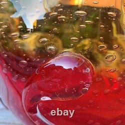 Italian Murano Sommerso Art Glass Curl Fruteria Punch Bowl Red Amber Bubble 1960