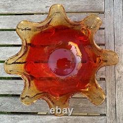 Italian Murano Sommerso Art Glass Curl Fruteria Punch Bowl Red Amber Bubble 1960