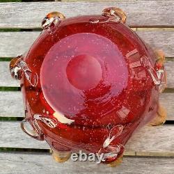 Italian Murano Sommerso Art Glass Curl Fruteria Punch Bowl Red Amber Bubble 1960